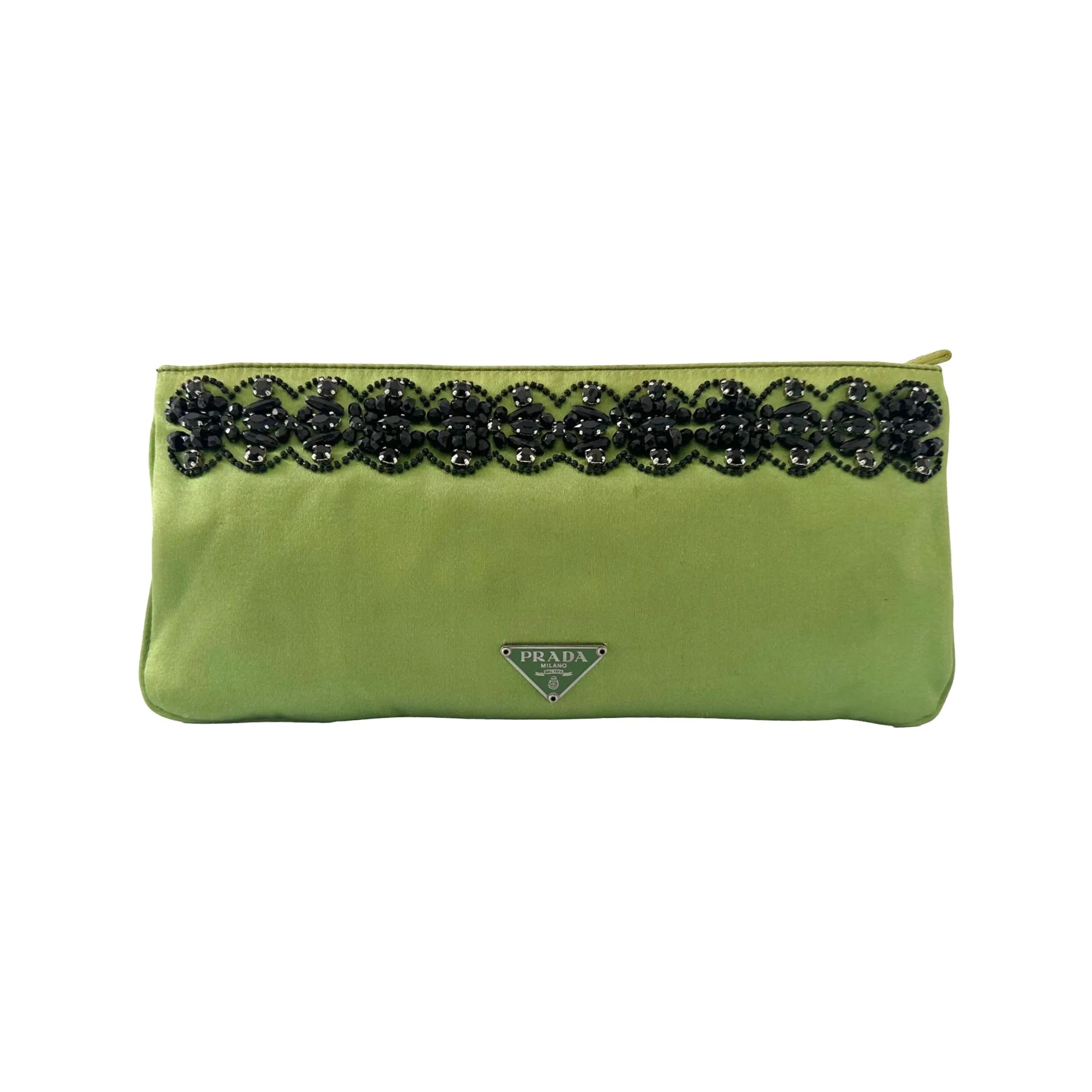 Prada Lime Green Satin Beaded Clutch