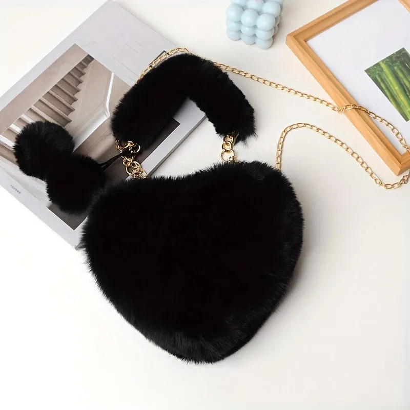 realaiot Plush Heart Shaped Handbags, Fashion Chain Crossbody Bag, Cute Fluffy Clutch Purse For Women