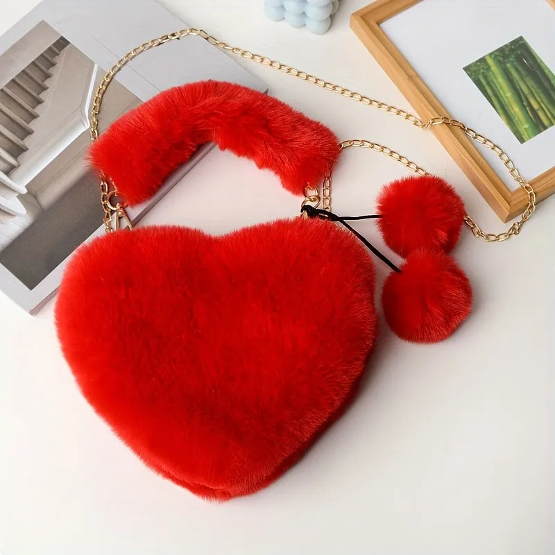 realaiot Plush Heart Shaped Handbags, Fashion Chain Crossbody Bag, Cute Fluffy Clutch Purse For Women