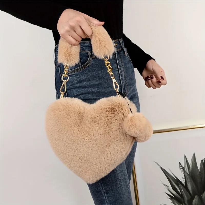 realaiot Plush Heart Shaped Handbags, Fashion Chain Crossbody Bag, Cute Fluffy Clutch Purse For Women