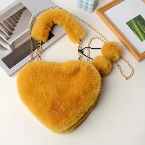 realaiot Plush Heart Shaped Handbags, Fashion Chain Crossbody Bag, Cute Fluffy Clutch Purse For Women