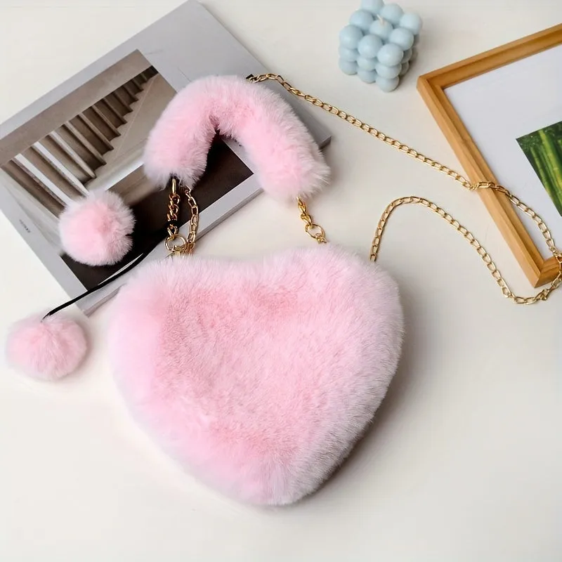 realaiot Plush Heart Shaped Handbags, Fashion Chain Crossbody Bag, Cute Fluffy Clutch Purse For Women