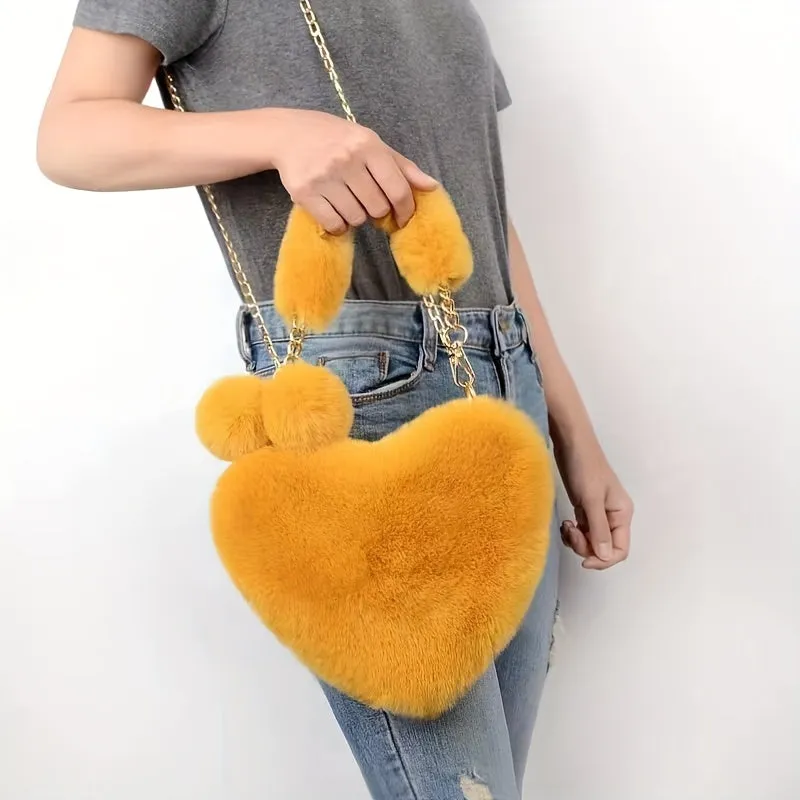 realaiot Plush Heart Shaped Handbags, Fashion Chain Crossbody Bag, Cute Fluffy Clutch Purse For Women