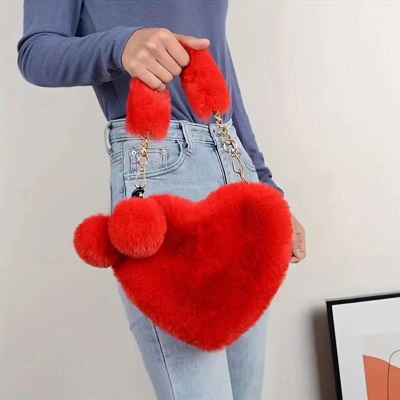 realaiot Plush Heart Shaped Handbags, Fashion Chain Crossbody Bag, Cute Fluffy Clutch Purse For Women