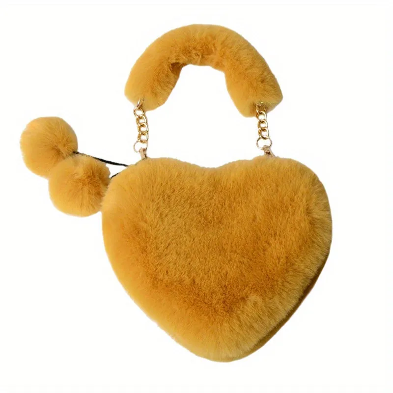 realaiot Plush Heart Shaped Handbags, Fashion Chain Crossbody Bag, Cute Fluffy Clutch Purse For Women