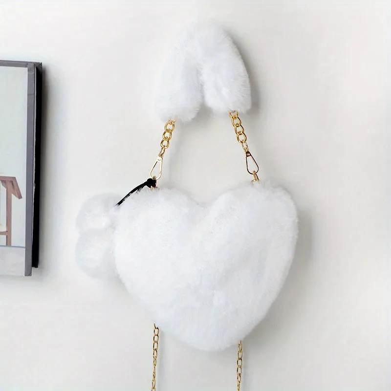 realaiot Plush Heart Shaped Handbags, Fashion Chain Crossbody Bag, Cute Fluffy Clutch Purse For Women