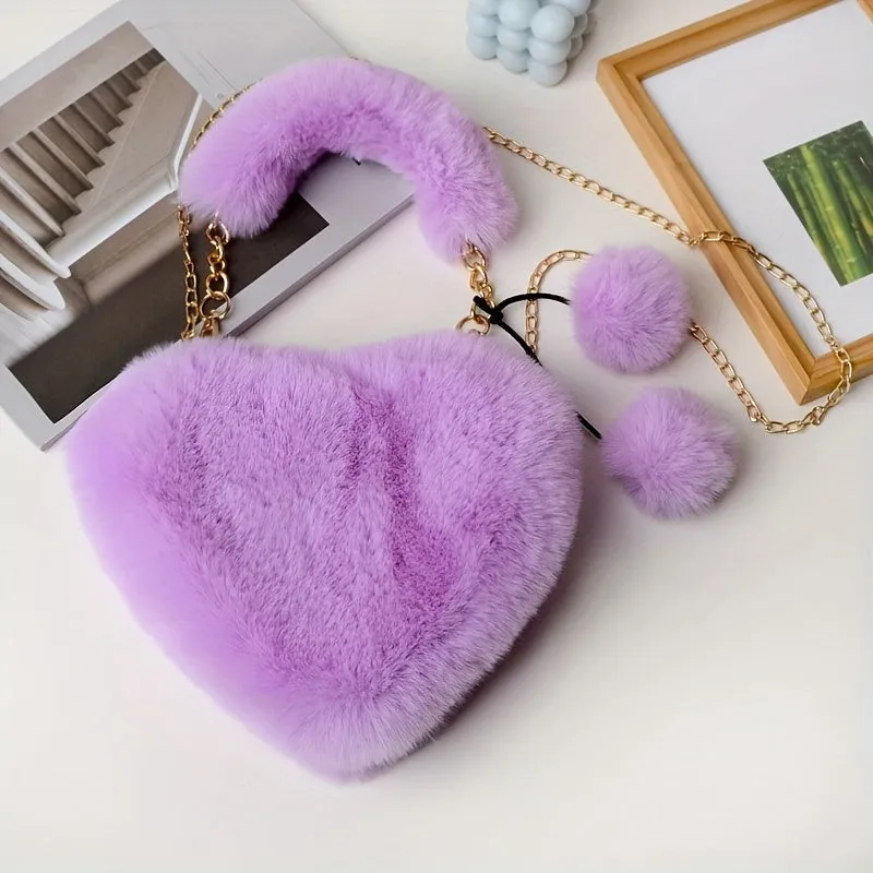 realaiot Plush Heart Shaped Handbags, Fashion Chain Crossbody Bag, Cute Fluffy Clutch Purse For Women