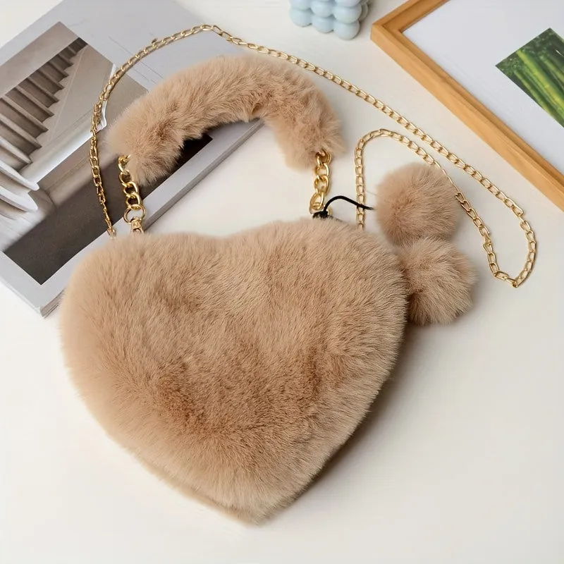 realaiot Plush Heart Shaped Handbags, Fashion Chain Crossbody Bag, Cute Fluffy Clutch Purse For Women