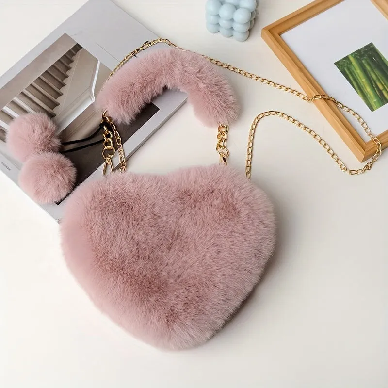 realaiot Plush Heart Shaped Handbags, Fashion Chain Crossbody Bag, Cute Fluffy Clutch Purse For Women