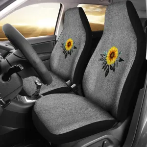 Rustic Boho Sunflower Dreamcatcher on Gray Faux Denim Style Car Seat Covers Seat Protectors