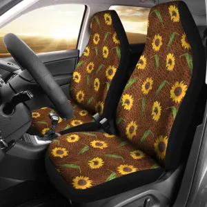 Rustic Sunflower Pattern on Faux Leather Printed Background Car Seat Covers Seat Protectors