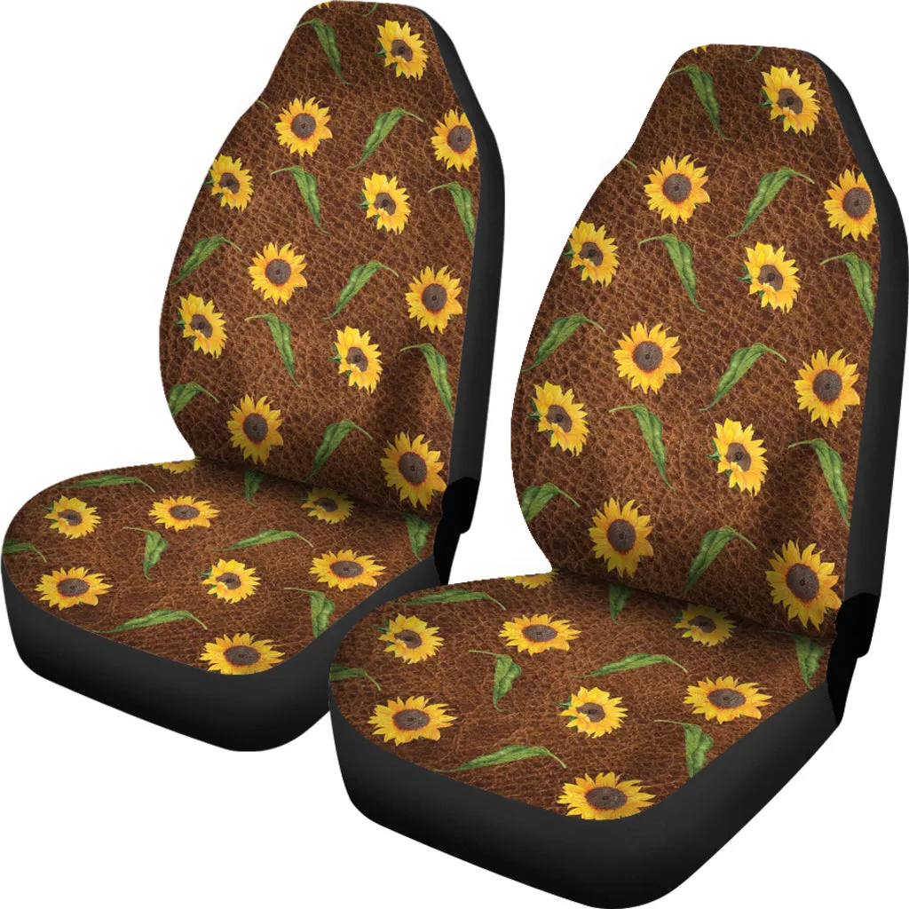 Rustic Sunflower Pattern on Faux Leather Printed Background Car Seat Covers Seat Protectors