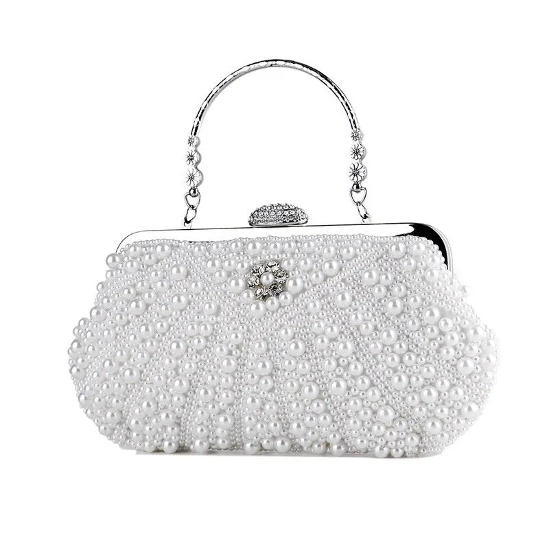 SEKUSA beaded wedding bridal evening bags hollow fashion women clutch pearl diamonds handbags shell design for party diner purse