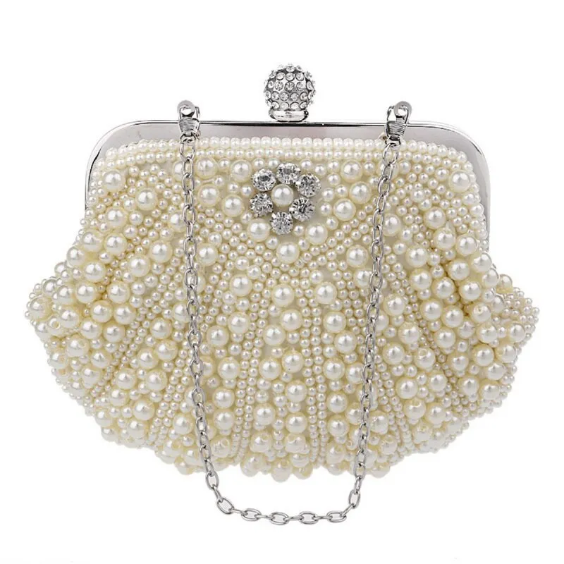 SEKUSA beaded wedding bridal evening bags hollow fashion women clutch pearl diamonds handbags shell design for party diner purse