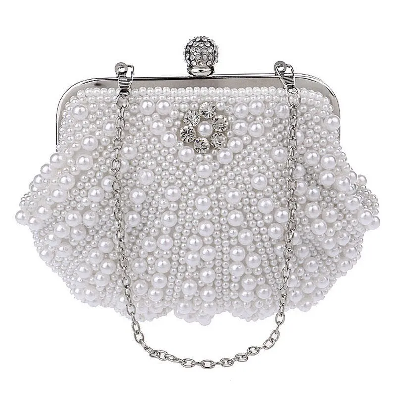 SEKUSA beaded wedding bridal evening bags hollow fashion women clutch pearl diamonds handbags shell design for party diner purse