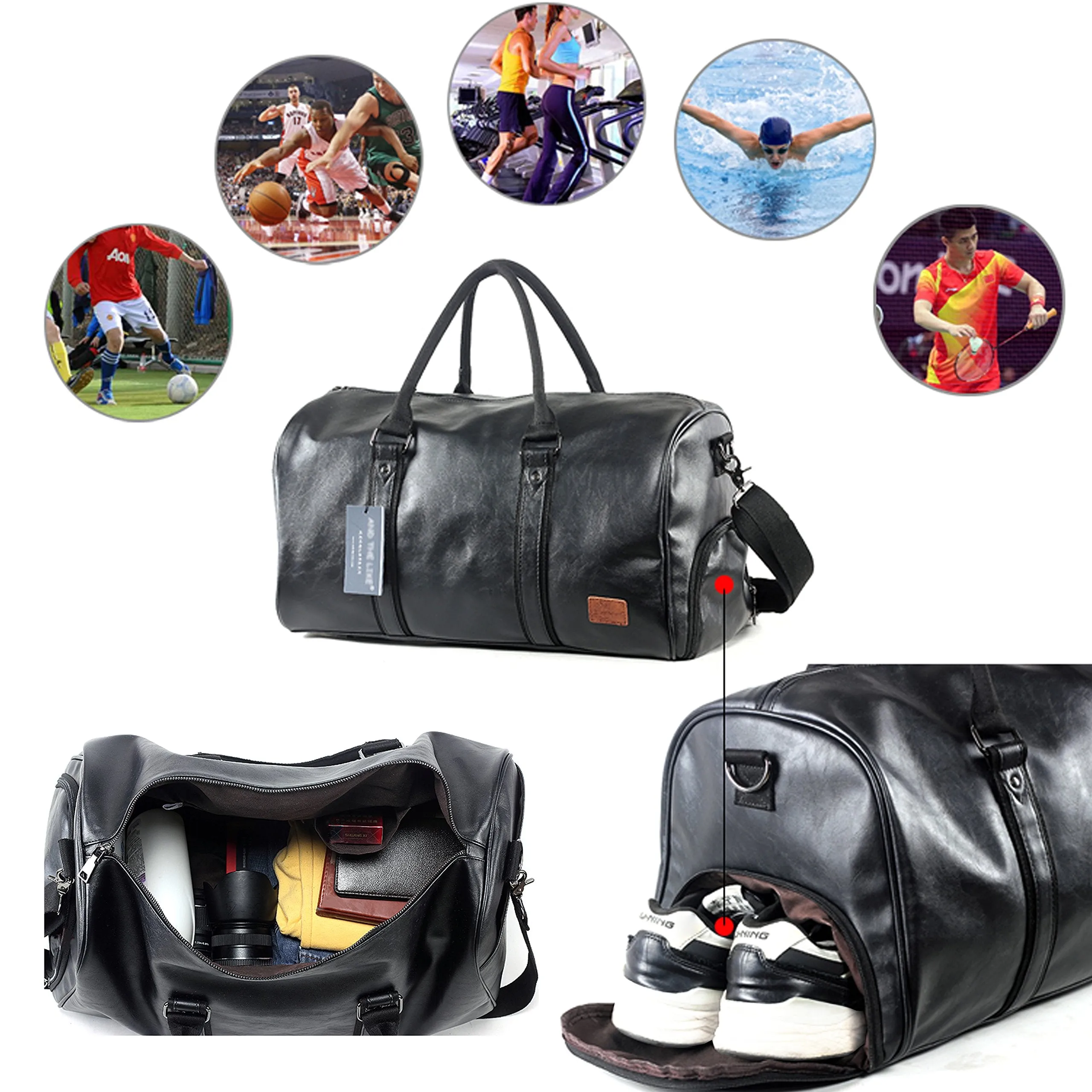 seyfocnia Weekend Travel Duffel Bag With Shoe Pouch, Leather Carry On Bag