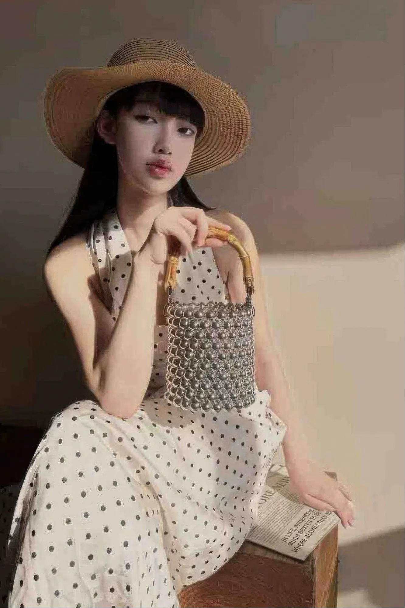 Silver Ball Bamboo Handle Barrel Bag