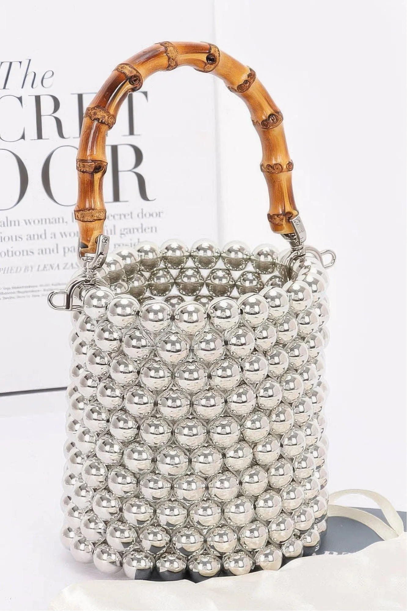 Silver Ball Bamboo Handle Barrel Bag