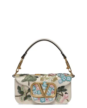 Small Loco Flower Bird Beaded Shoulder Bag in Light Ivory