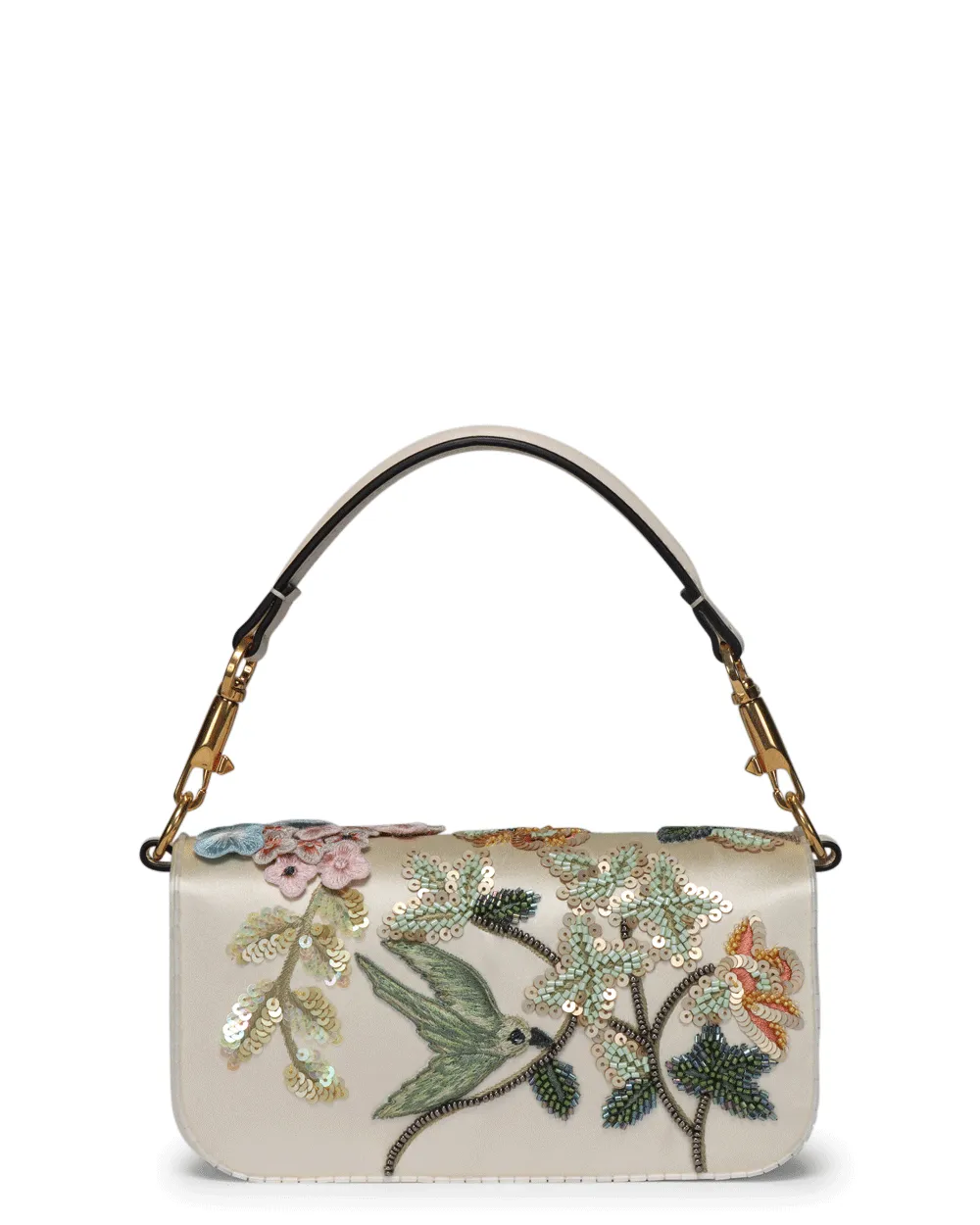 Small Loco Flower Bird Beaded Shoulder Bag in Light Ivory