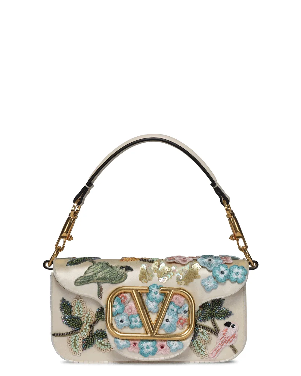 Small Loco Flower Bird Beaded Shoulder Bag in Light Ivory