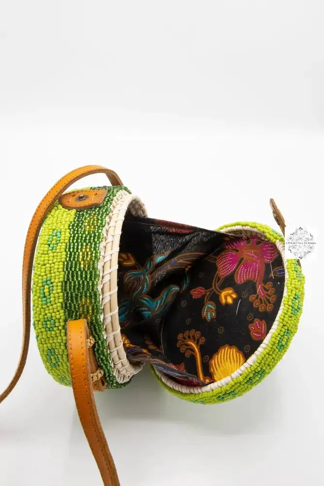 Small Round Bali Beaded Handbag, Handmade Green & Yellow Flower Design, Glass Beading on Ata Straw Purse, Leather Cross-body Strap