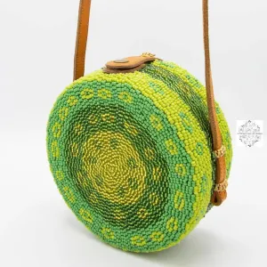 Small Round Bali Beaded Handbag, Handmade Green & Yellow Flower Design, Glass Beading on Ata Straw Purse, Leather Cross-body Strap
