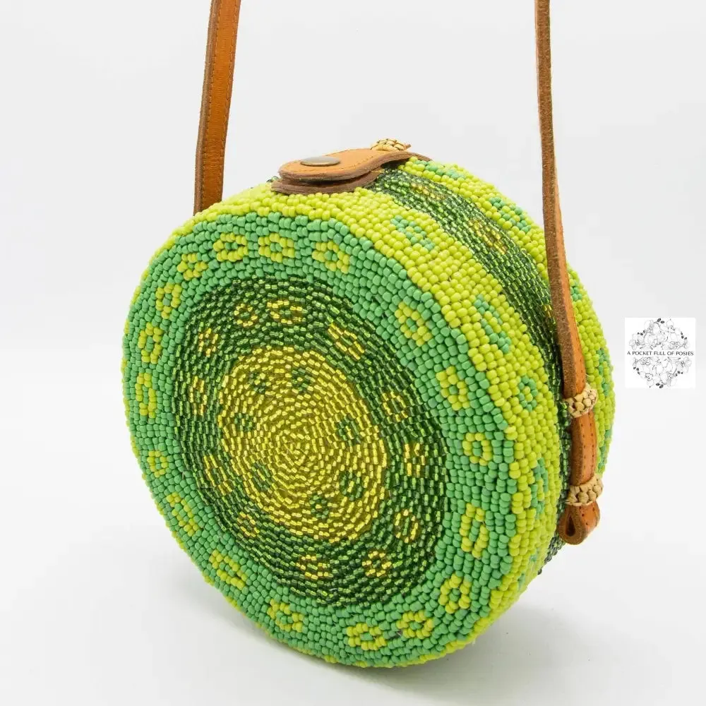 Small Round Bali Beaded Handbag, Handmade Green & Yellow Flower Design, Glass Beading on Ata Straw Purse, Leather Cross-body Strap