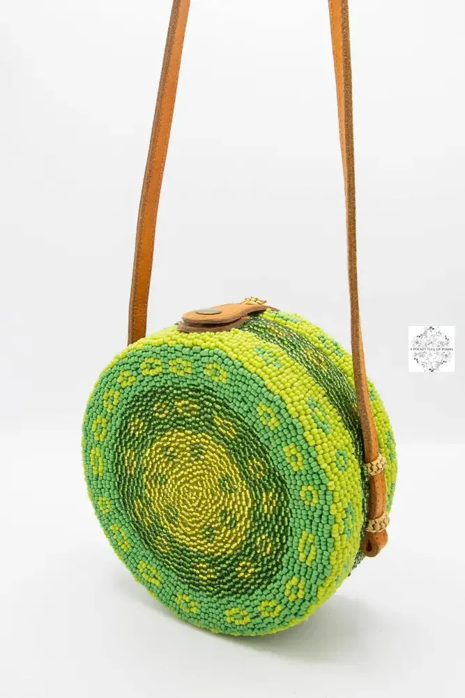 Small Round Bali Beaded Handbag, Handmade Green & Yellow Flower Design, Glass Beading on Ata Straw Purse, Leather Cross-body Strap