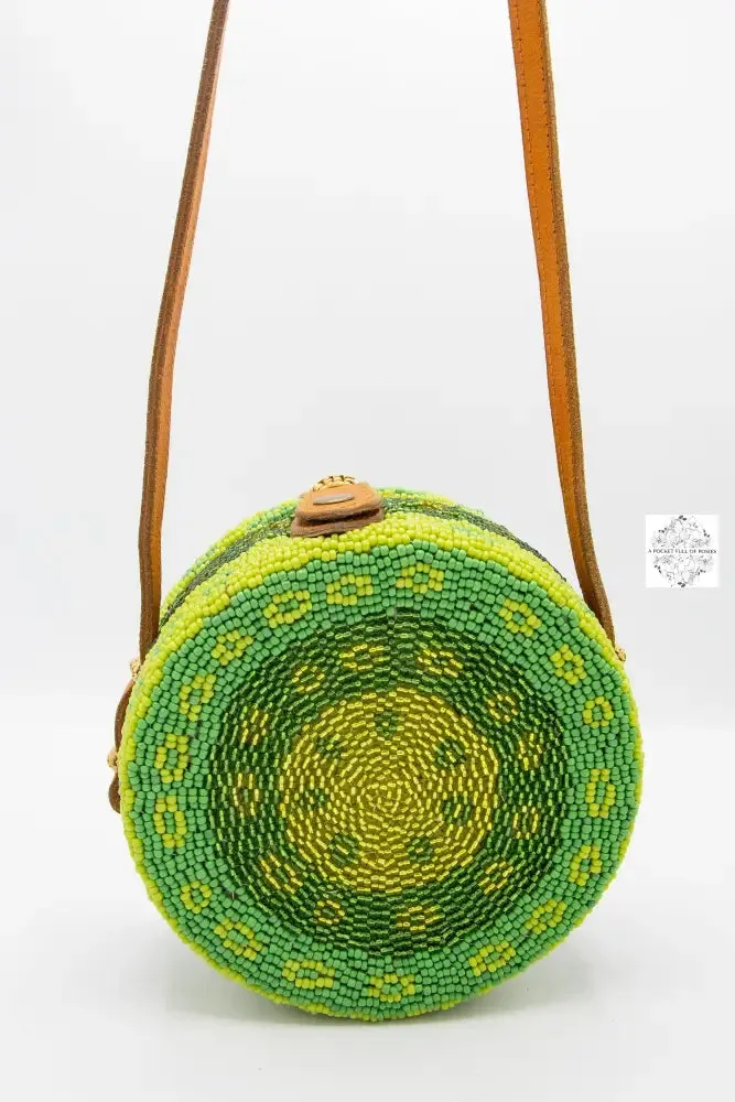 Small Round Bali Beaded Handbag, Handmade Green & Yellow Flower Design, Glass Beading on Ata Straw Purse, Leather Cross-body Strap