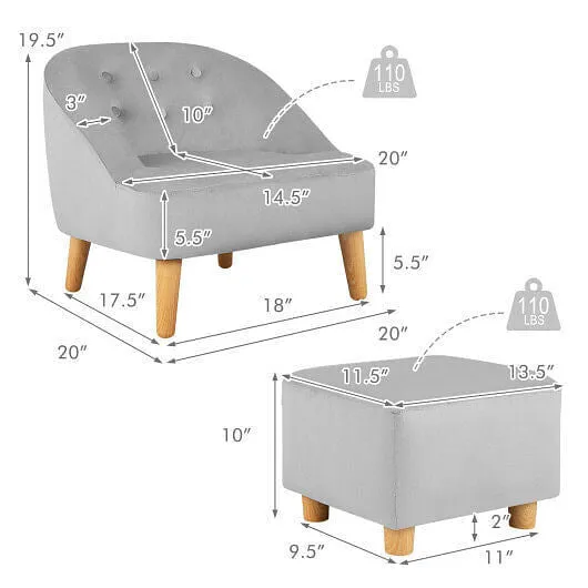 Soft Velvet Upholstered Kids Sofa Chair with Ottoman-Gray - Color: Gray