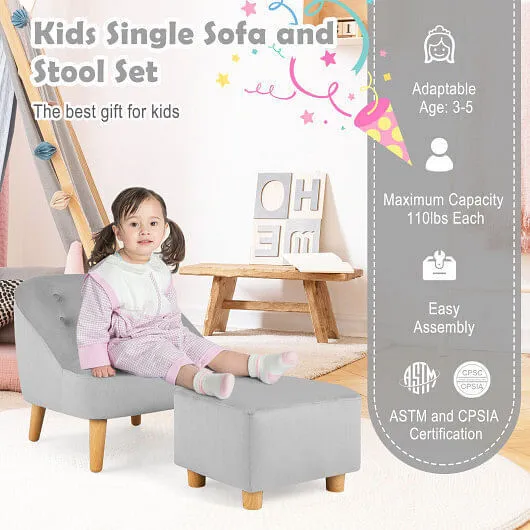 Soft Velvet Upholstered Kids Sofa Chair with Ottoman-Gray - Color: Gray
