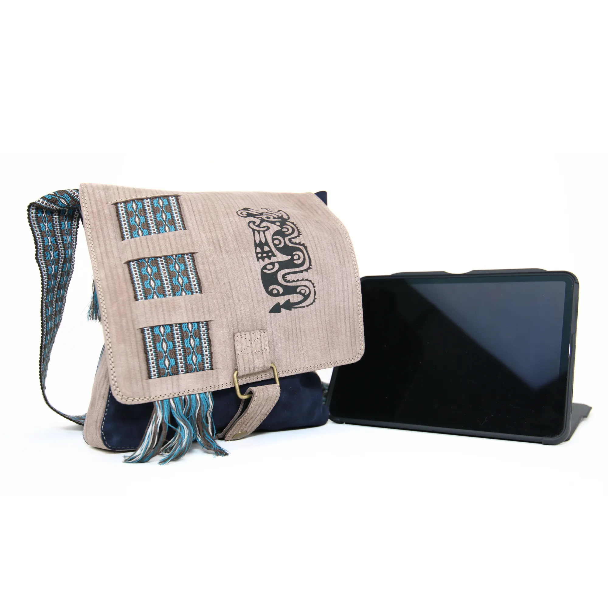 Suede Leather Bag w/ Dragon (Beige)