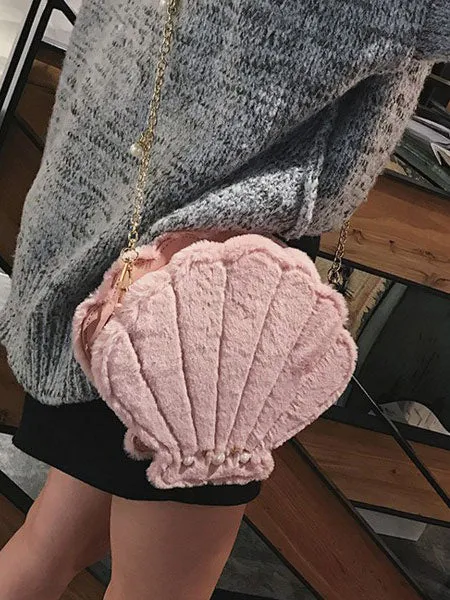 Sweet Lolita Bag Seashell Faux Fur Pearl Chain Pink Lolita Shoulder Bag