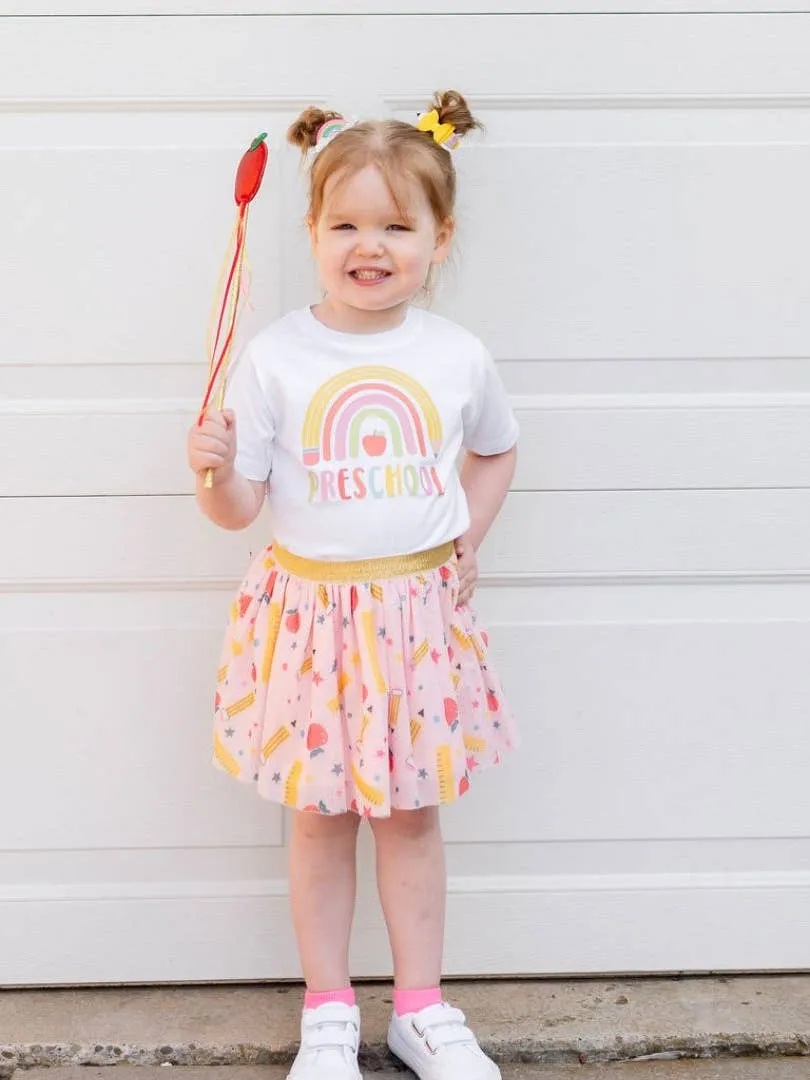 Sweet Wink School Days Back to School Short Sleeve Girls Tee Shirt in Preschool Pencil Rainbow