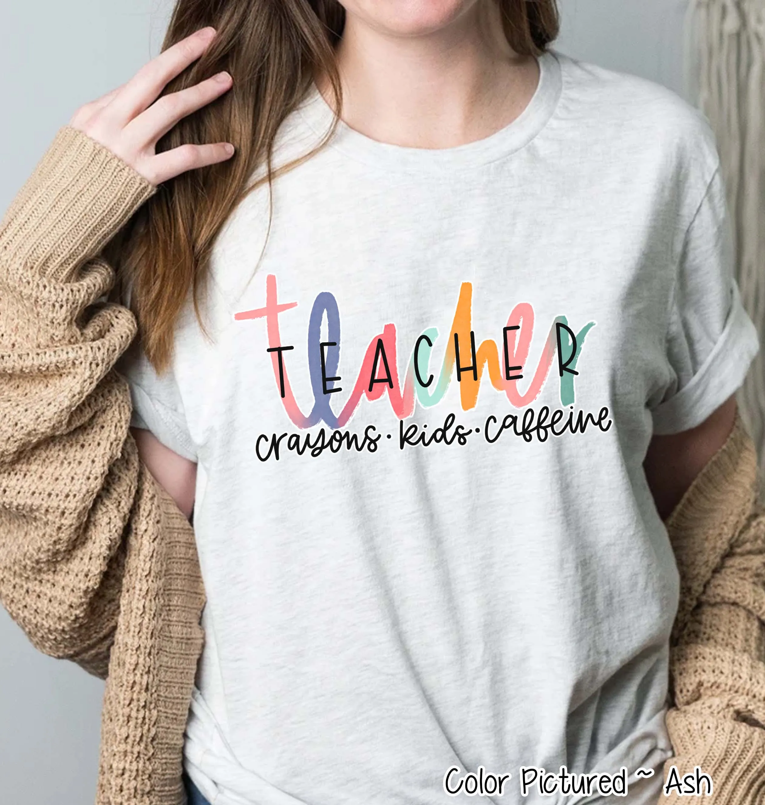Teacher Colorful Crayons Kids and Caffeine Tee