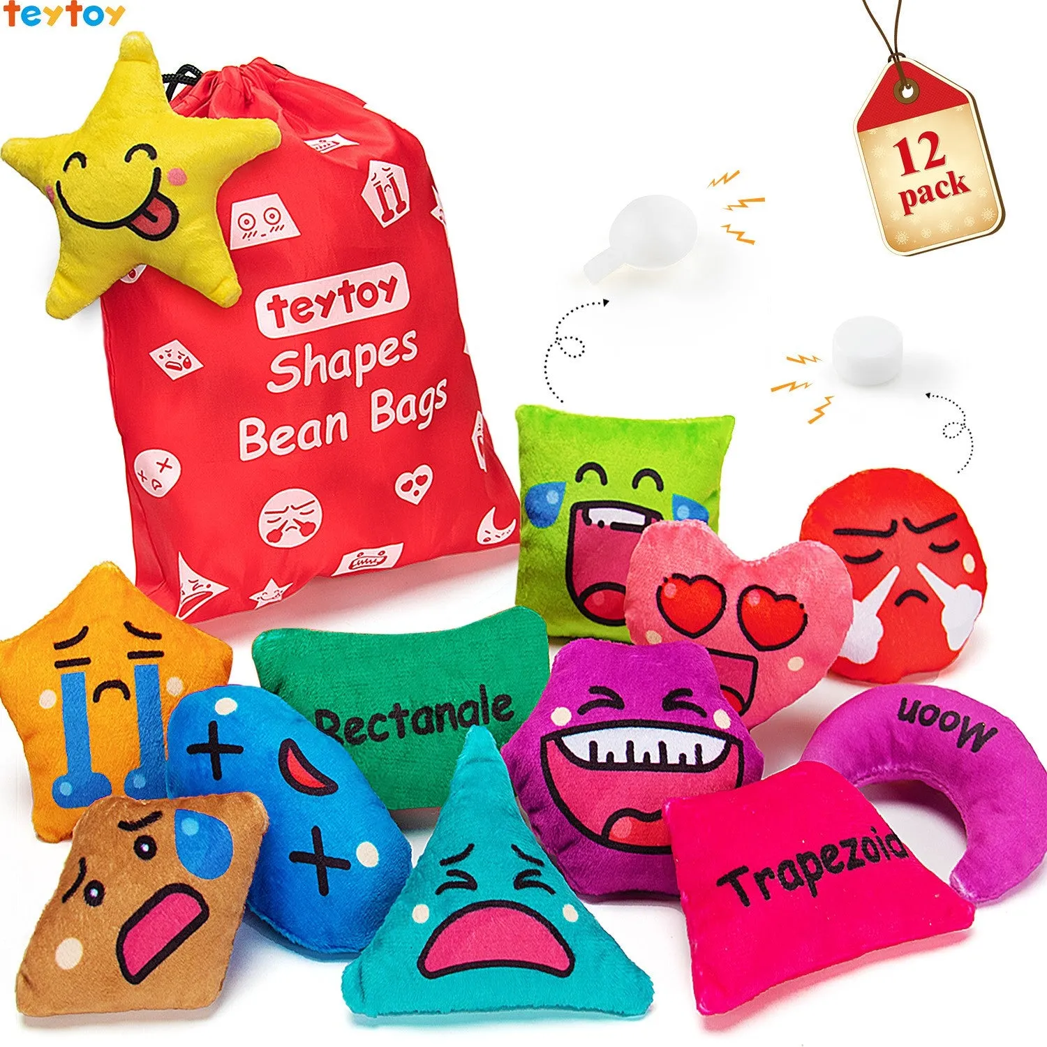 teytoy Shapes Beanbags Toy Learn Shapes and Expressions Squeaky and Rattle Preschool Educational and Learning Activities Geometric Sensory Toys for Kids Toddlers Toss Game (12 Pack)