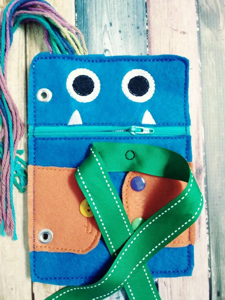 Toddler quiet book page - Monster book page - monster closure page - learn to tie - learn to zip - learn to button - learn to snap - braid