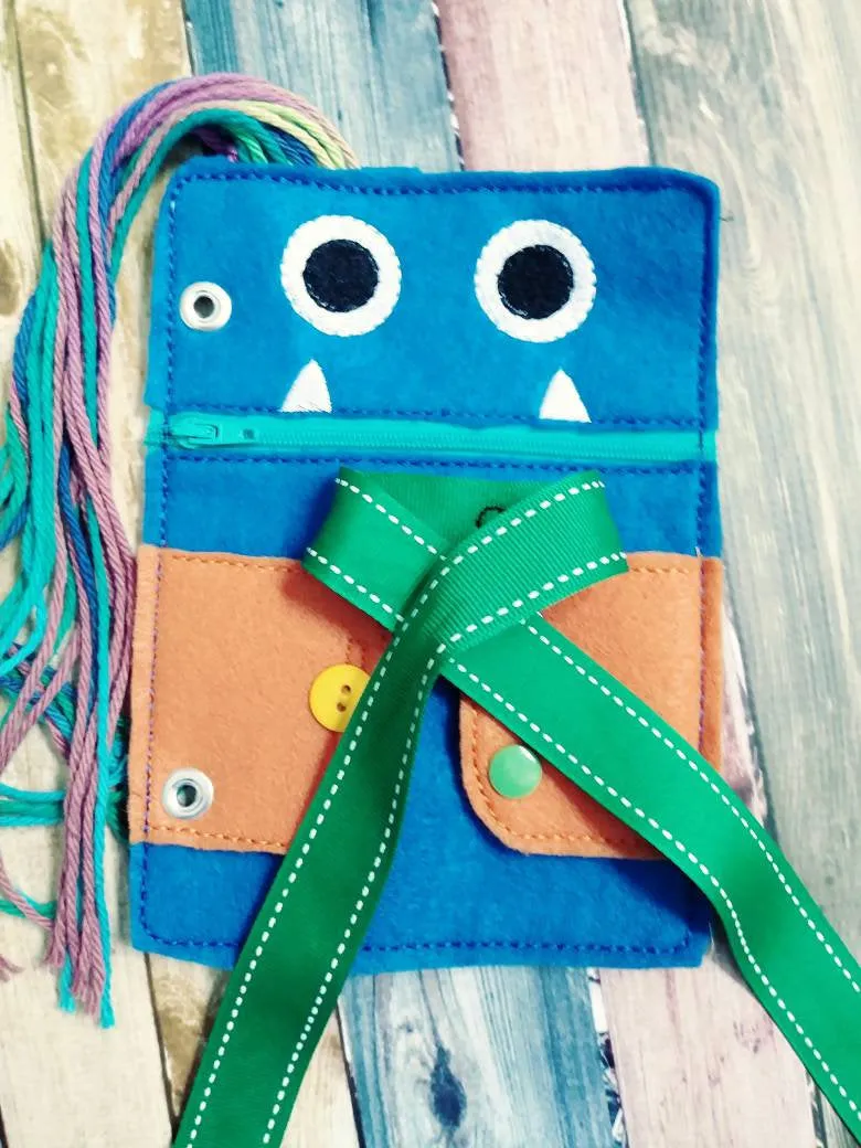 Toddler quiet book page - Monster book page - monster closure page - learn to tie - learn to zip - learn to button - learn to snap - braid