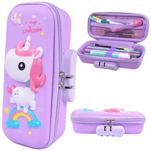 Toyshine 3D EVA Unicorn Pencil Pouch with Password Lock Large Capacity Student Stationery Box for Age 3  (Purple)