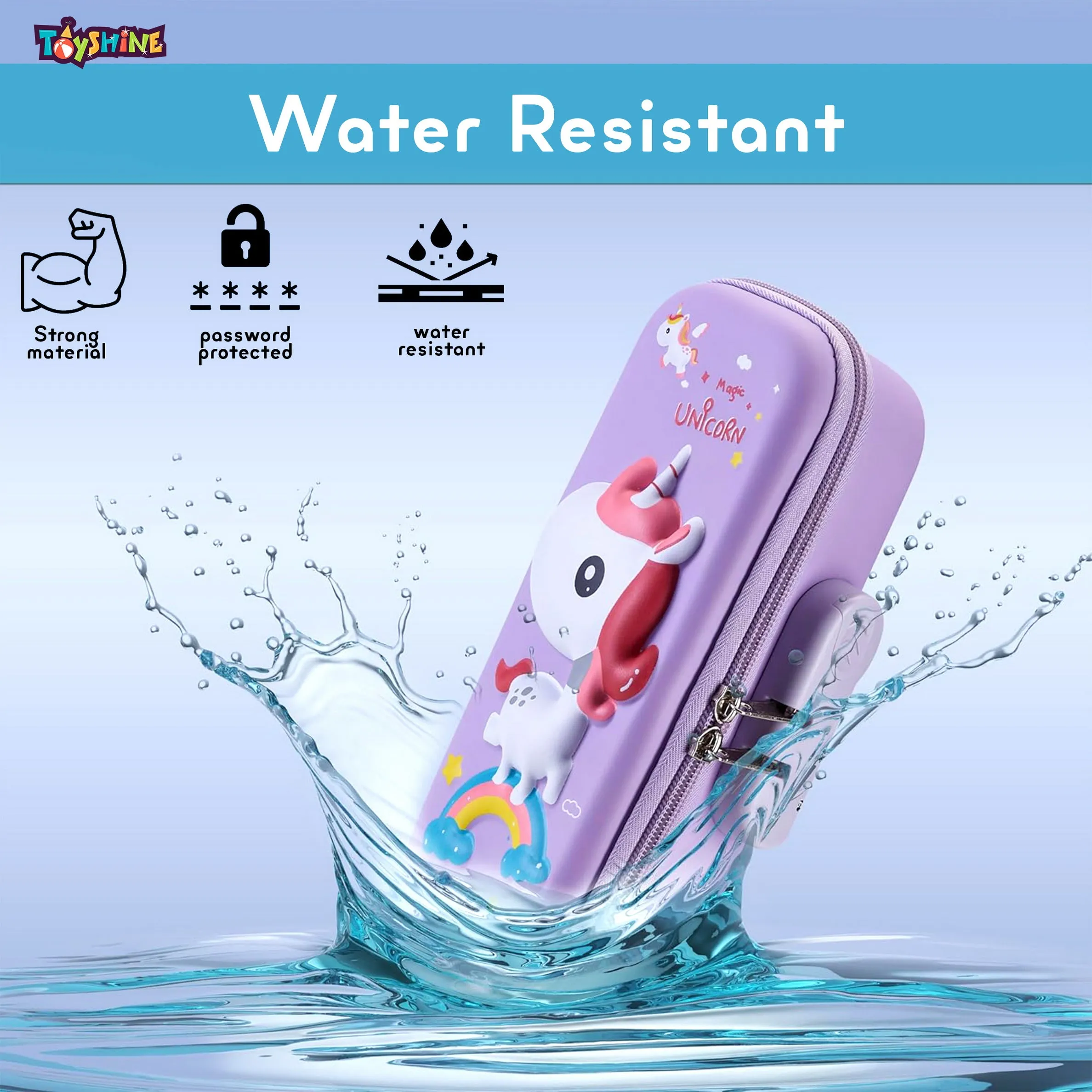 Toyshine 3D EVA Unicorn Pencil Pouch with Password Lock Large Capacity Student Stationery Box for Age 3  (Purple)