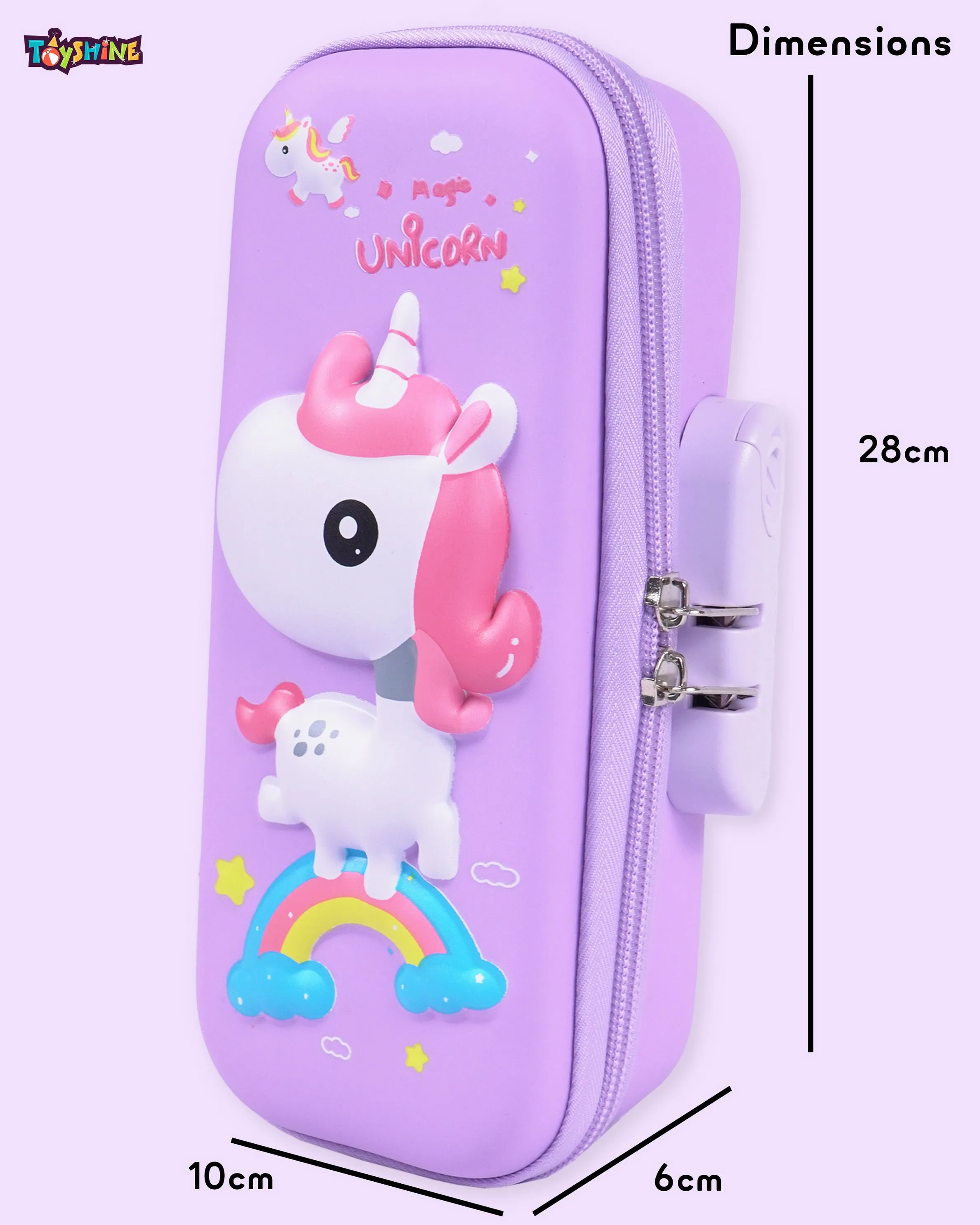 Toyshine 3D EVA Unicorn Pencil Pouch with Password Lock Large Capacity Student Stationery Box for Age 3  (Purple)