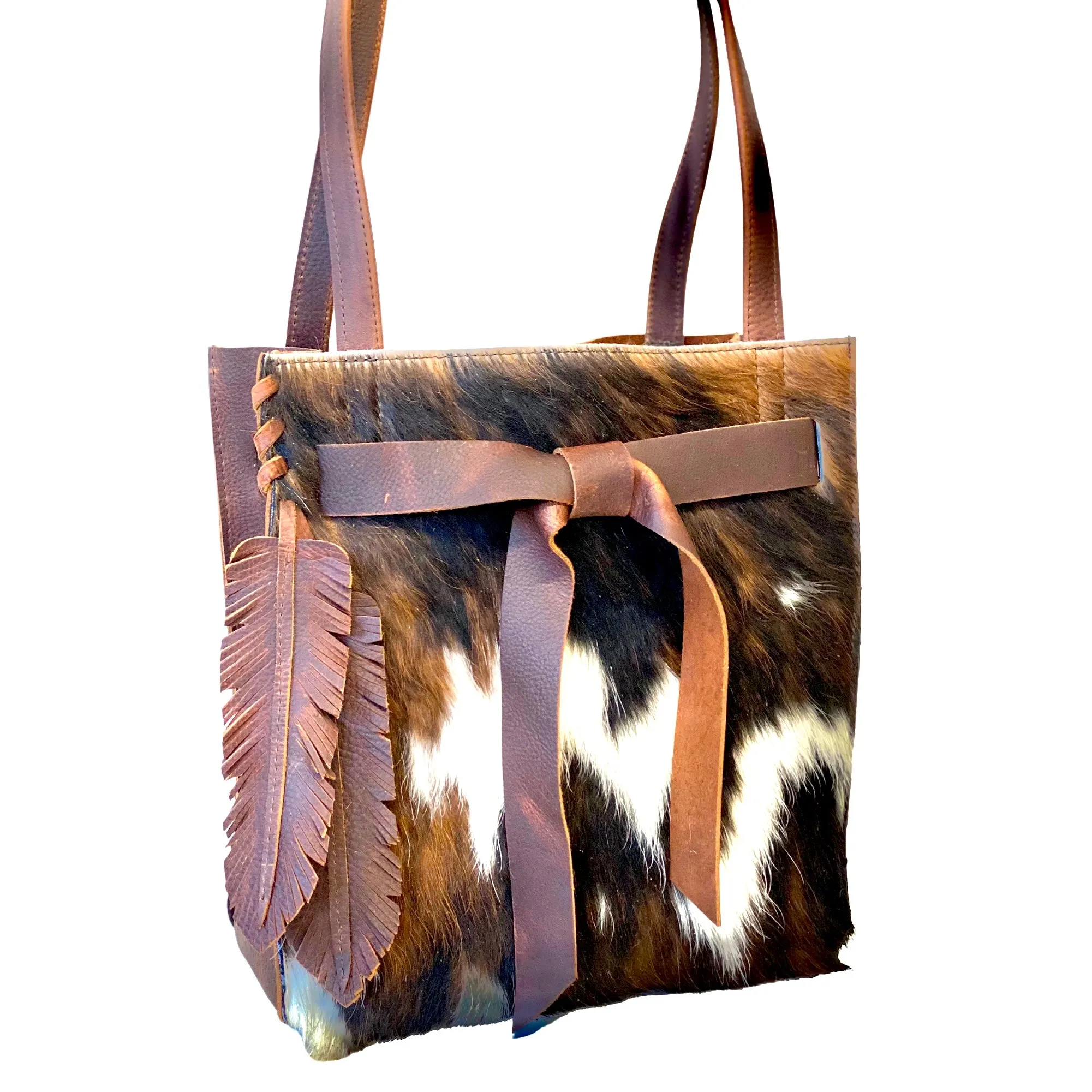Tricolor cowhide bag with ties