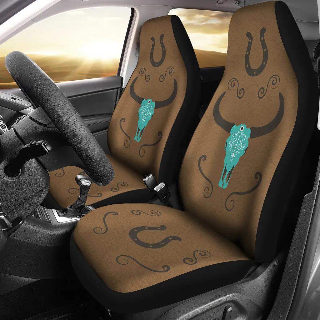 Turquoise Boho Cow Skull on Faux Brown Suede Car Seat Covers