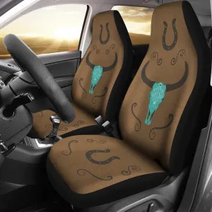 Turquoise Boho Cow Skull on Faux Brown Suede Car Seat Covers