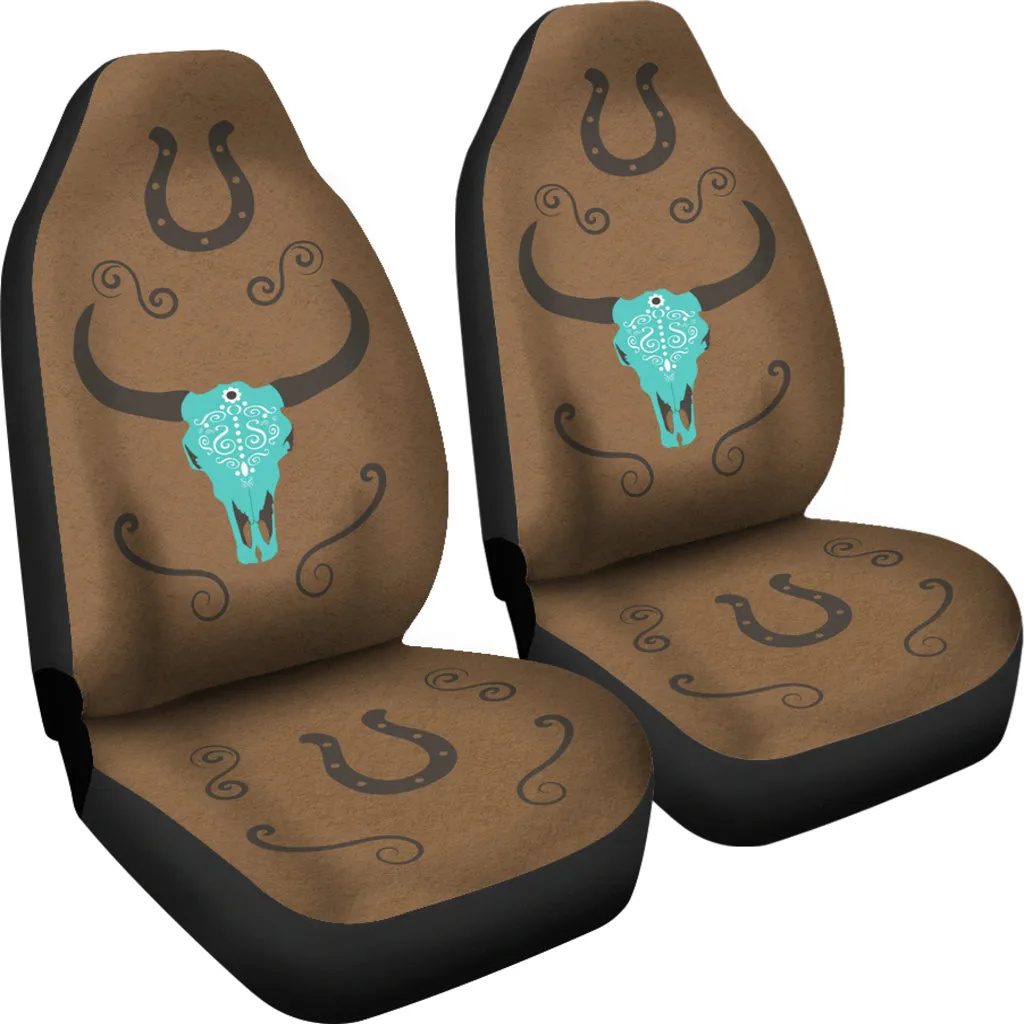 Turquoise Boho Cow Skull on Faux Brown Suede Car Seat Covers
