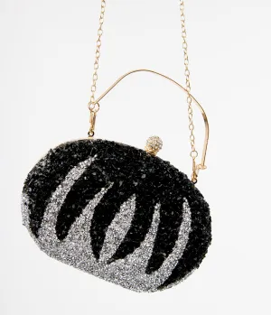 Unique Vintage 1920s Black Beaded & Silver Rhinestone Spooky Clutch Purse