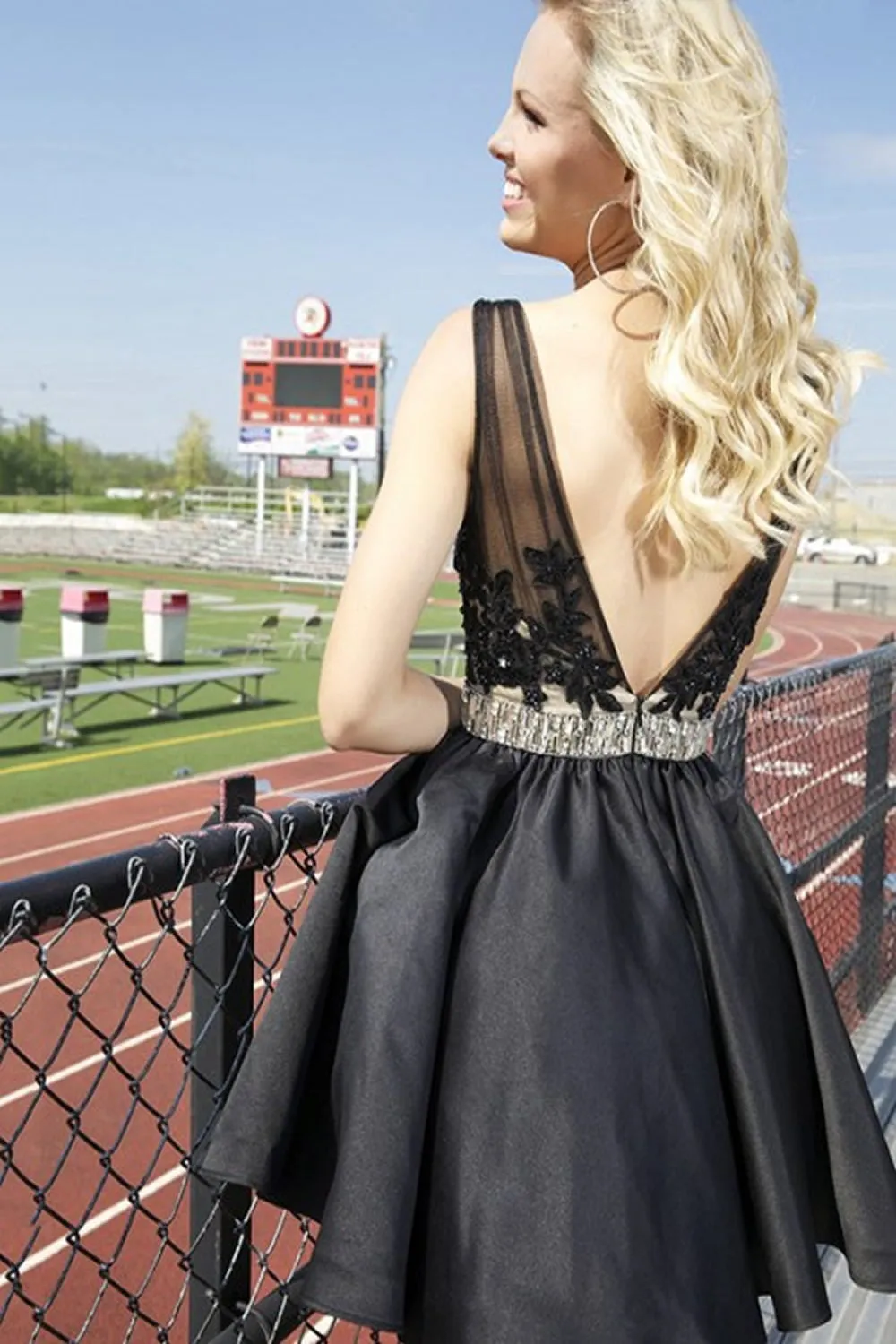 V-neck Black Lace Open Back Short Beading Homecoming Dress K59