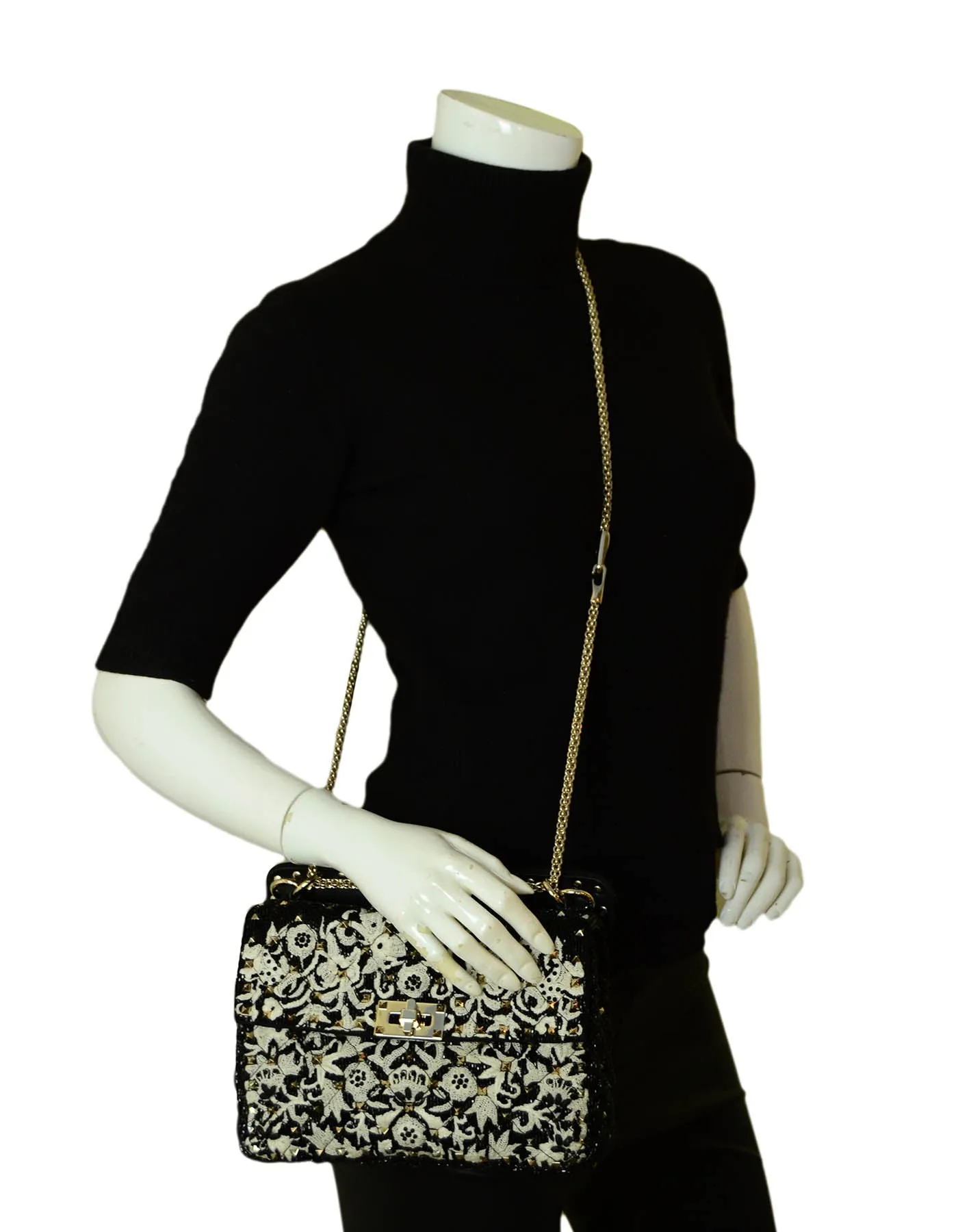 Valentino Black/White Lace & Beaded Medium Rockstud Spike Bag