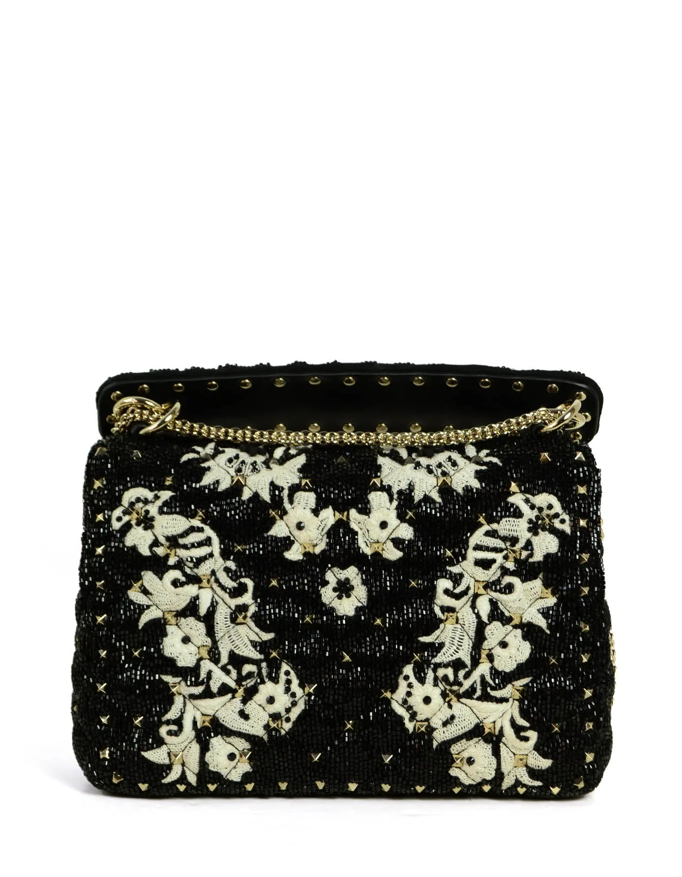 Valentino Black/White Lace & Beaded Medium Rockstud Spike Bag